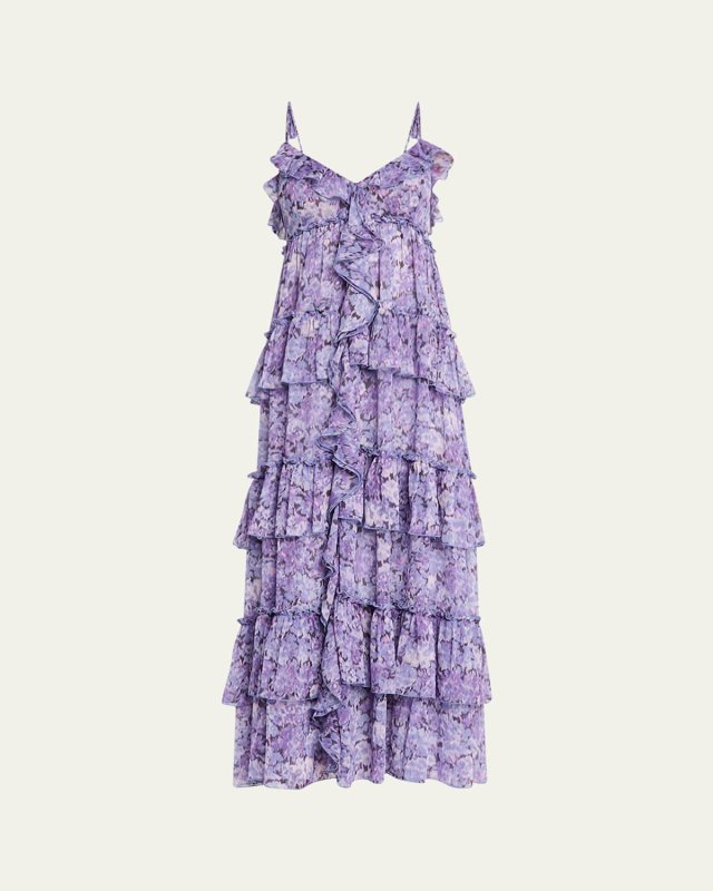 Fadrid Painted Hydrangea Ruffle Midi Dress